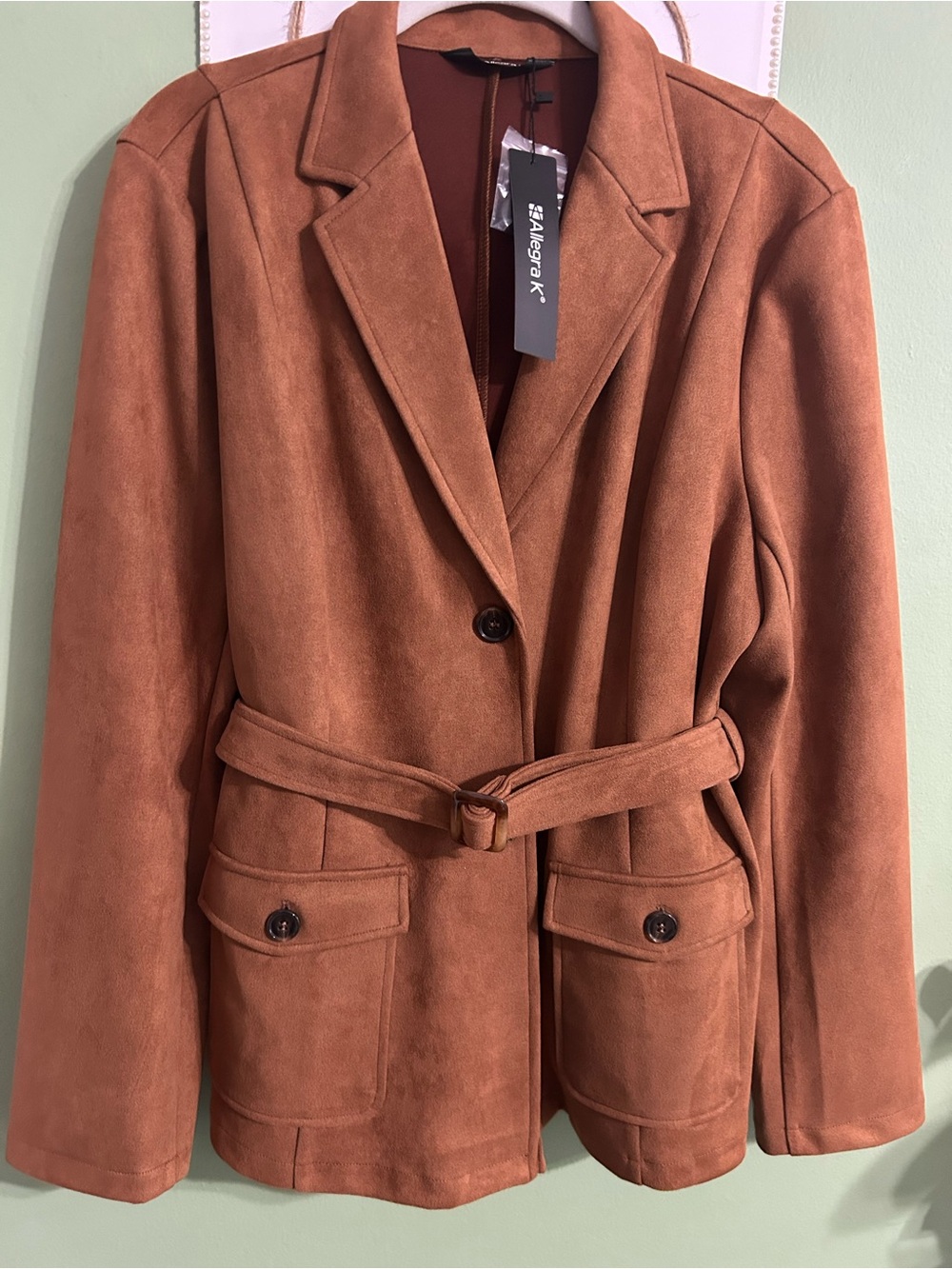 Allegra K Belted Suede-Look Blazer in Rust Orange